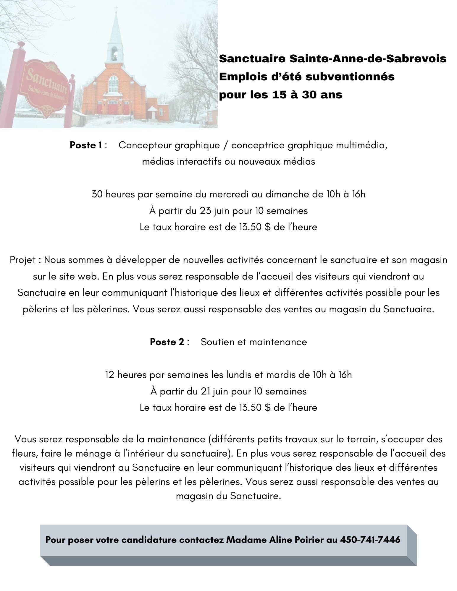 Offres d'emplois étudiants - Sanctuaire Sainte-Anne-de-Sabrevois